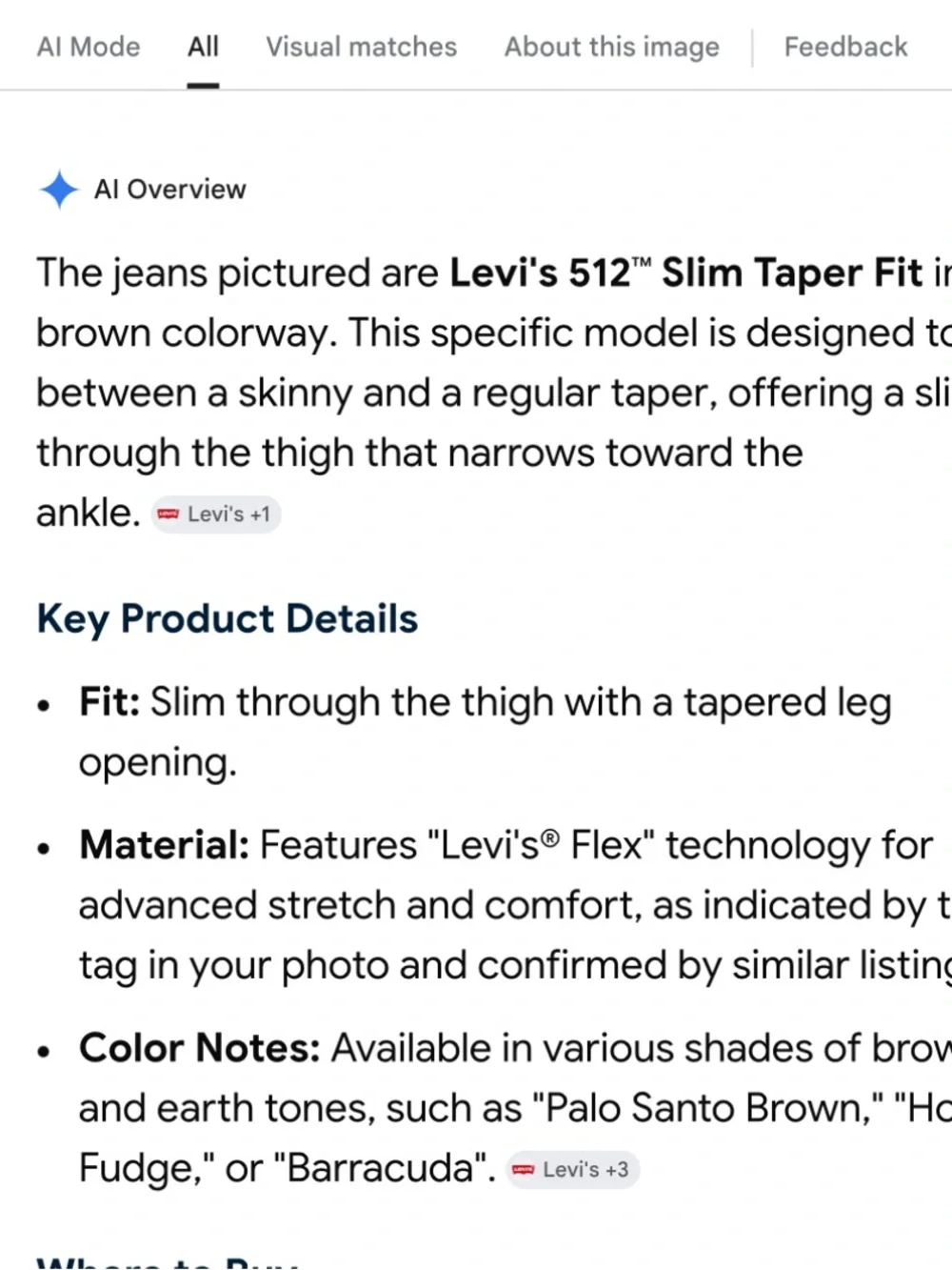 Levi's Brown Slim Taper Men’s Jeans 36 x 34